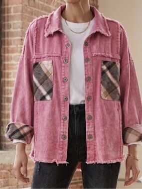 Umgee NWT Pink Denim Jacket with Plaid Pockets